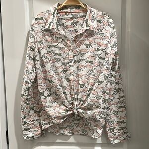 Casual White and Pink and Grren Button Down Shirt with Chetah Pattern